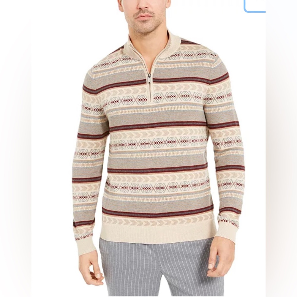 Tasso Elba Lightweight Quarter Zip Sweater Mens XL Tan Burgundy Cotton Cashmere